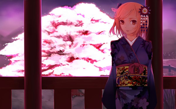 Anime picture 1000x619 with original gamma (geoffrey) single looking at viewer short hair smile wide image standing pink hair traditional clothes japanese clothes pink eyes night night sky cherry blossoms mountain girl hair ornament weapon plant (plants)