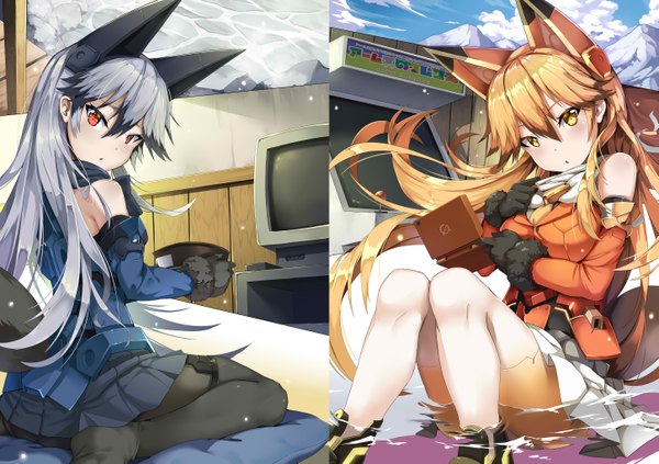 Anime picture 5785x4084 with kemono friends ezo red fox (kemono friends) silver fox (kemono friends) jie laite long hair looking at viewer blush fringe highres breasts open mouth light erotic blonde hair hair between eyes sitting bare shoulders multiple girls holding animal ears yellow eyes
