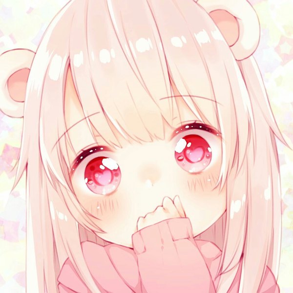 Anime picture 1024x1024 with original manatsuki manata single long hair looking at viewer blush fringe red eyes animal ears pink hair upper body head tilt sleeves past wrists symbol-shaped pupils covered mouth heart-shaped pupils cute girl heart