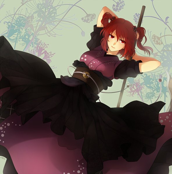 Anime picture 1030x1046 with touhou onozuka komachi milcho single tall image looking at viewer short hair red eyes red hair two side up girl dress hair ornament weapon obi hair tie hair bobbles scythe