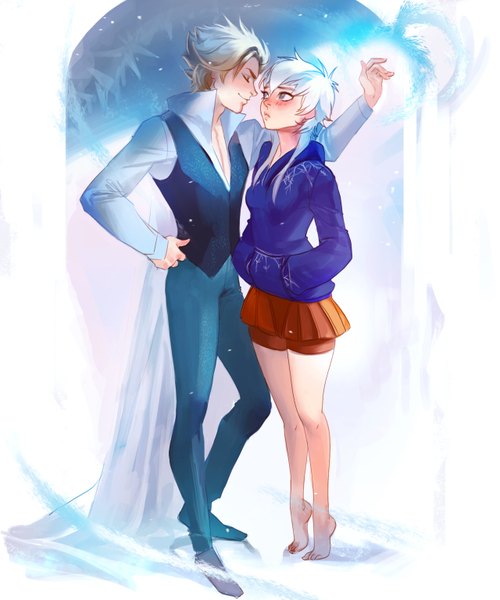 Anime picture 1280x1535 with frozen (disney) rise of the guardians disney dreamworks elsa (frozen) jack frost (rise of the guardians) sakimichan long hair tall image blush short hair breasts smile bent knee (knees) white hair barefoot bare legs grey eyes legs hand on hip