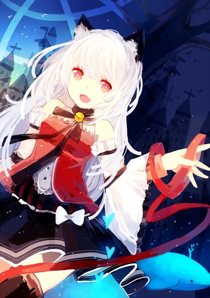 Anime picture 1500x2121 with original prophet chu single long hair tall image looking at viewer blush open mouth smile bare shoulders animal ears white hair cat ears girl thighhighs skirt hair ornament ribbon (ribbons) black thighhighs animal