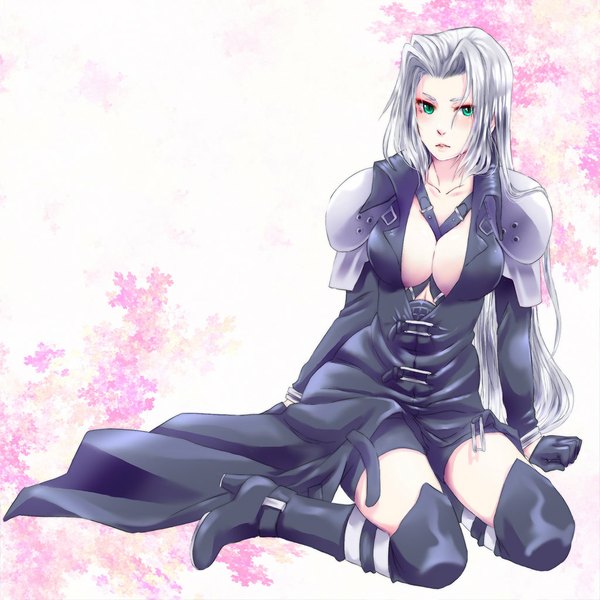 Anime picture 1024x1024 with final fantasy vii advent children final fantasy vii sephiroth bunny-boss single long hair looking at viewer blush breasts light erotic simple background large breasts white background green eyes cleavage silver hair pale skin genderswap girl gloves