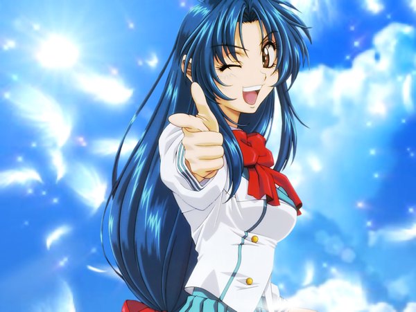 Anime picture 1600x1205 with full metal panic! gonzo chidori kaname single long hair looking at viewer fringe breasts brown eyes blue hair sky outdoors one eye closed wink teeth happy pointing pointing at viewer girl uniform