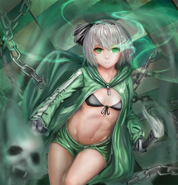 Anime picture 945x980 with black rock shooter touhou konpaku youmu wc3215410 single tall image looking at viewer fringe short hair light erotic holding green eyes grey hair bare belly groin glowing glowing eye (eyes) cosplay checkered black rock shooter (cosplay)