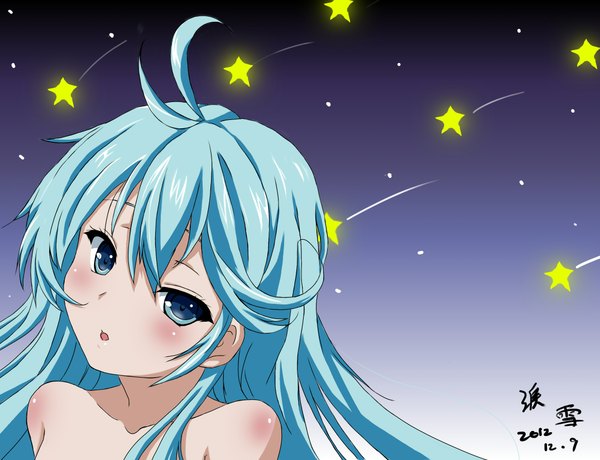 Anime picture 2150x1650 with denpa onna to seishun otoko shaft (studio) touwa erio lei xue kongling single long hair blush highres open mouth blue eyes simple background bare shoulders signed aqua hair close-up body blush shooting star girl star (symbol) star (stars)