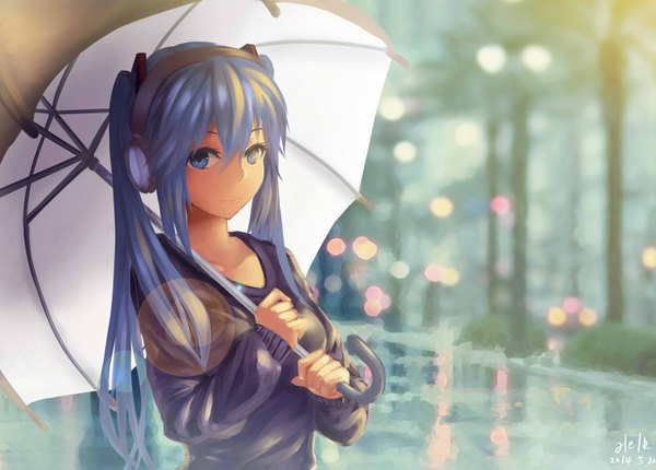 Anime picture 1506x1080 with vocaloid hatsune miku helk single long hair looking at viewer blue eyes blue hair girl headphones umbrella sweater