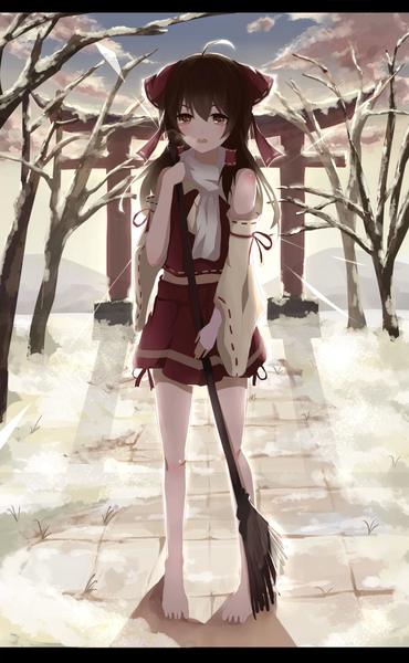 Anime picture 988x1600 with touhou hakurei reimu .l.l single long hair tall image looking at viewer blush fringe open mouth brown hair twintails brown eyes sky cloud (clouds) barefoot sunlight bare legs no shoes short twintails