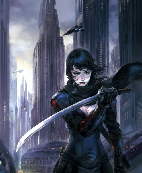 Anime picture 1074x1300 with original eastmonkey single tall image short hair black hair lips realistic science fiction girl weapon sword scarf katana building (buildings) pilot suit skyscraper