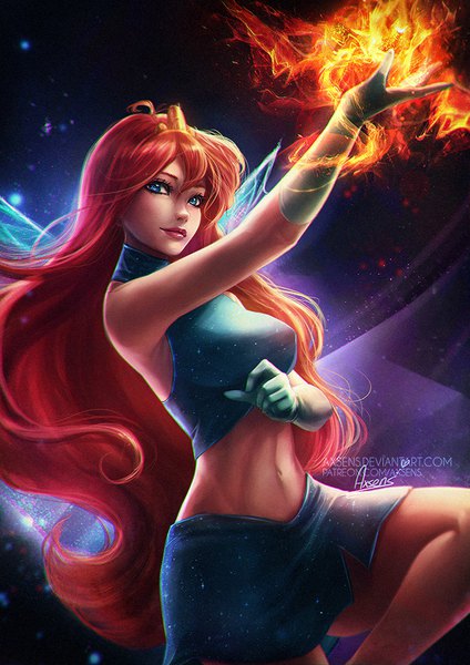 Anime picture 636x900 with winx club bloom (winx club) axsen single tall image looking at viewer blue eyes signed bent knee (knees) very long hair arm up light smile orange hair realistic bare belly magic watermark covered nipples dark background halterneck
