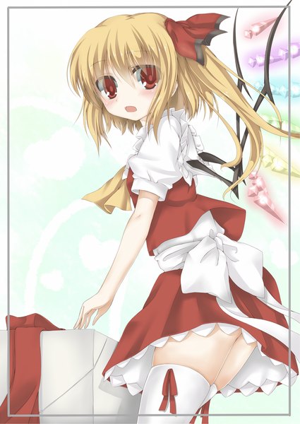 Anime picture 1074x1517 with touhou flandre scarlet kaguyuu single tall image blush light erotic blonde hair red eyes loli one side up girl thighhighs dress skirt bow white thighhighs wings skirt set