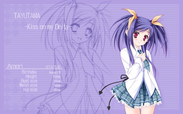 Anime picture 1280x800 with tayutama lump of sugar kawai ameri moekibara fumitake single long hair looking at viewer blush open mouth smile red eyes standing twintails purple hair inscription copyright name character names zoom layer purple background girl