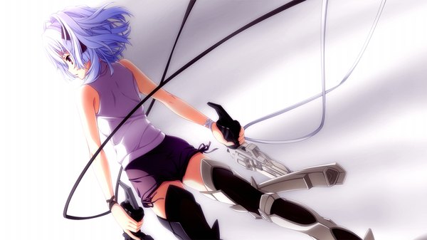 Anime picture 1280x720 with fortissimo//akkord:bsusvier (game) ooba kagerou short hair red eyes wide image game cg white hair girl thighhighs weapon black thighhighs shorts gun