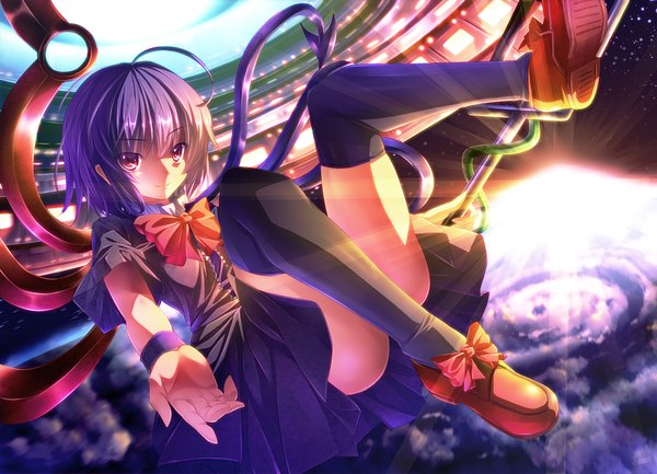 Anime picture 900x650 with touhou houjuu nue ryosios single looking at viewer fringe short hair light erotic black hair smile red eyes sky cloud (clouds) ahoge outstretched arm flying leg lift (legs lift) asymmetrical wings girl thighhighs
