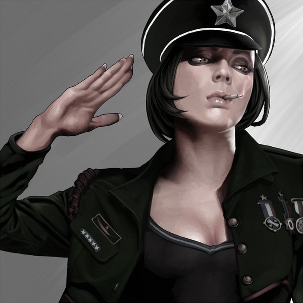Anime picture 1000x1000 with original ciba single short hair black hair simple background brown eyes fingernails realistic grey background open clothes open jacket mouth hold smoke long fingernails smoking military girl uniform headdress