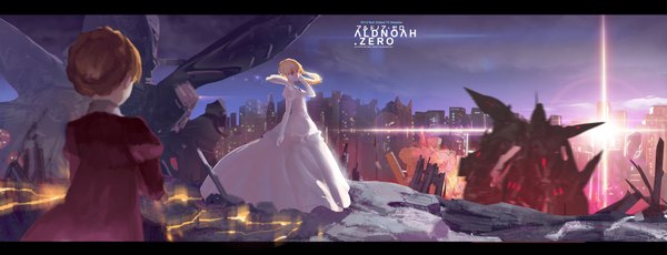 Anime picture 2246x864 with aldnoah.zero a-1 pictures asseylum vers allusia eddelrittuo yin wo eren yinwowuren long hair looking at viewer fringe highres short hair blue eyes blonde hair brown hair wide image looking back from behind inscription night night sky