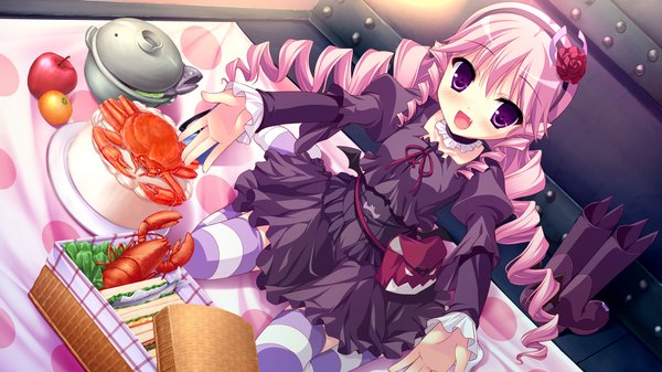 Anime picture 2048x1152 with kouyoku no soleil skyfish (studio) long hair blush highres open mouth wide image purple eyes pink hair game cg loli drill hair girl thighhighs dress food hairband striped thighhighs obento
