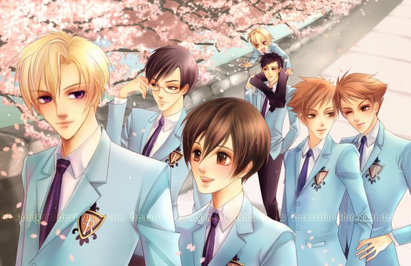 Anime picture 1280x828 with ouran high school host club studio bones fujioka haruhi suou tamaki hitachiin kaoru hitachiin hikaru ootori kyouya haninozuka mitsukuni morinozuka takashi beautiful-shinigami blush short hair open mouth black hair blonde hair smile brown hair purple eyes brown eyes signed