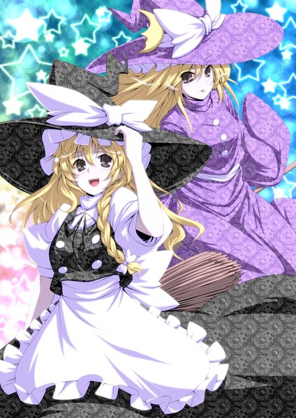 Anime picture 1084x1534 with touhou kirisame marisa alice margatroid tro long hair tall image blush open mouth blonde hair multiple girls black eyes witch girl dress 2 girls tongue witch hat broom
