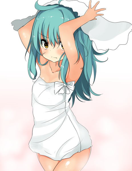 Anime picture 1200x1555 with original planol note mahcdai single long hair tall image blush fringe light erotic simple background hair between eyes standing white background bare shoulders yellow eyes looking away ahoge ass arm up aqua hair
