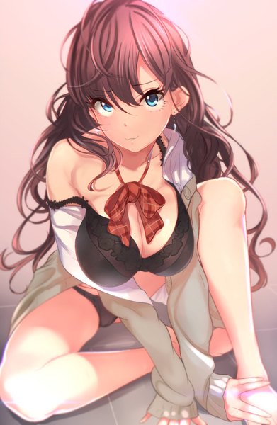 Anime picture 1272x1949 with idolmaster idolmaster cinderella girls ichinose shiki q (ed69) single long hair tall image looking at viewer breasts blue eyes light erotic large breasts purple hair open shirt girl underwear panties shirt lingerie bra