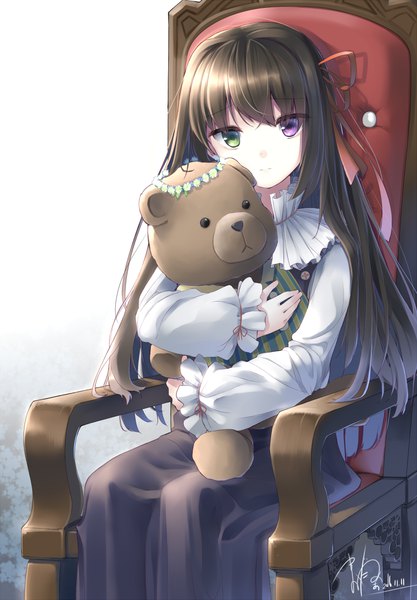 Anime picture 749x1078 with original makadamia single long hair tall image looking at viewer black hair signed hug heterochromia girl dress ribbon (ribbons) hair ribbon toy stuffed animal stuffed toy teddy bear