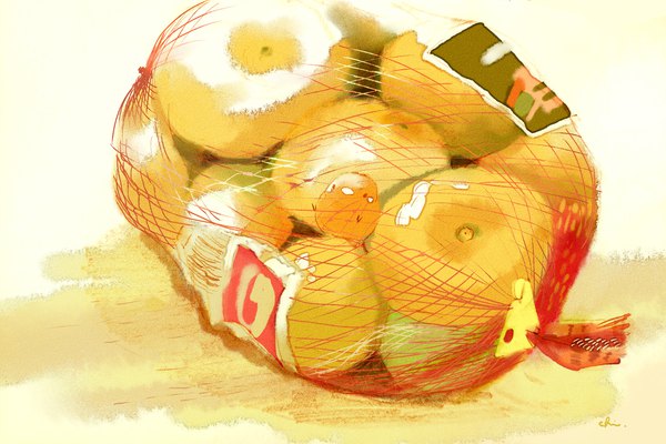 Anime picture 2000x1335 with original chai (artist) single looking at viewer highres simple background white background yellow background food fruit creature tangerine