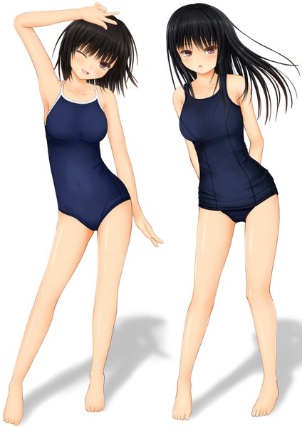 Anime picture 1447x2046 with original kurokami (kurokaminohito) long hair tall image looking at viewer blush short hair open mouth light erotic black hair white background multiple girls brown eyes one eye closed wink shadow girl 2 girls swimsuit one-piece swimsuit