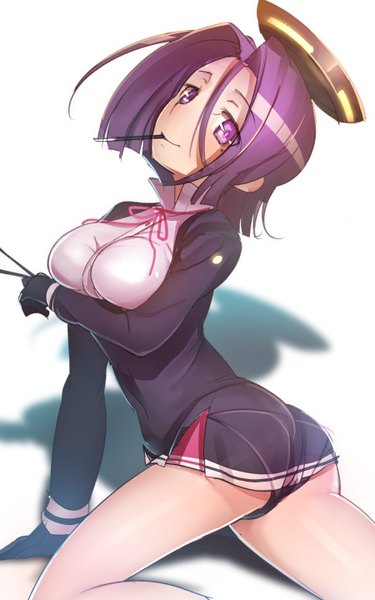 Anime picture 900x1440 with kantai collection tatsuta light cruiser namago single tall image looking at viewer blush short hair breasts light erotic simple background large breasts white background sitting purple eyes purple hair ass shadow pantyshot girl