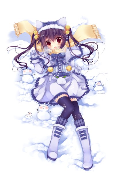 Anime picture 2121x3000 with original usagihime single long hair tall image blush highres open mouth twintails animal ears purple hair cat ears loli orange eyes snow girl thighhighs black thighhighs boots scarf