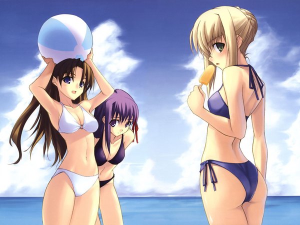 Anime picture 1600x1200 with fate (series) fate/stay night studio deen type-moon artoria pendragon (all) saber toosaka rin matou sakura shingo (missing link) light erotic multiple girls looking back beach hands behind back summer bent over girl swimsuit bikini 3 girls