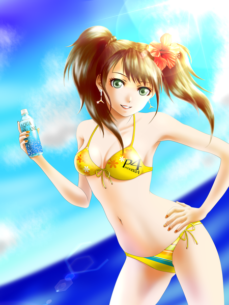 Anime picture 2400x3200 with persona 4 persona kujikawa rise naru (wu-yue) single long hair tall image looking at viewer highres smile brown hair twintails bare shoulders holding green eyes hair flower hand on hip girl navel hair ornament