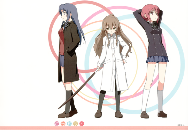 Anime picture 2080x1442 with toradora j.c. staff aisaka taiga kawashima ami kushieda minori kantoku highres blonde hair simple background multiple girls blue hair pink hair arms behind head hands in pockets girl weapon socks 3 girls coat