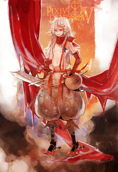Anime picture 1200x1744 with original pixiv fantasia pixiv fantasia v susu (artist) single long hair tall image red eyes white hair pointy ears tattoo scar topless boy gloves weapon elbow gloves