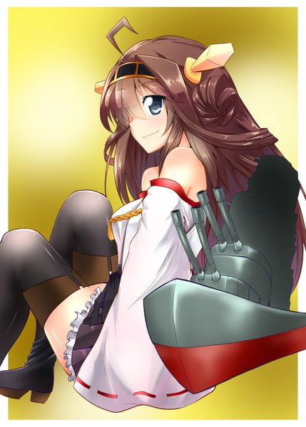 Anime picture 1200x1679 with kantai collection kongou battleship arutana single long hair tall image looking at viewer blush fringe brown hair sitting bare shoulders ahoge light smile hair over one eye nontraditional miko girl skirt hair ornament detached sleeves
