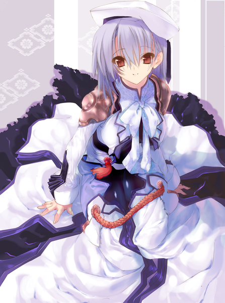 Anime picture 882x1184 with original zen99 single long hair tall image looking at viewer fringe red eyes sitting purple hair long sleeves light smile from above girl dress bow armor beret