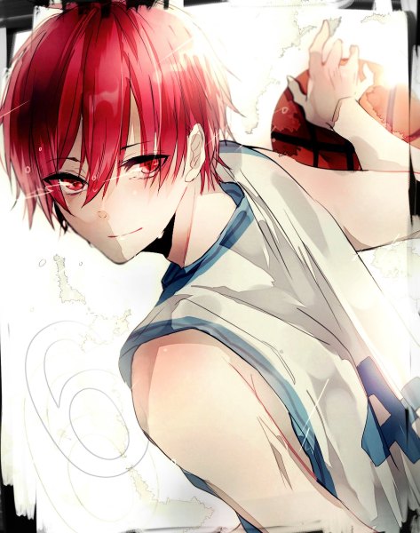 Anime picture 945x1200 with kuroko no basket production i.g akashi seijuurou supaner single tall image short hair simple background smile red eyes white background bare shoulders looking away red hair basketball boy uniform gym uniform ball basketball ball