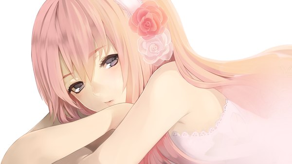Anime picture 1000x562 with vocaloid megurine luka settyaro single long hair looking at viewer wide image white background pink hair hair flower black eyes girl hair ornament
