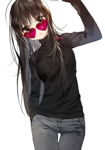 Anime picture 700x1000 with original sorolp single long hair tall image looking at viewer fringe simple background brown hair standing white background brown eyes signed head tilt thigh gap hand in pocket girl heart sunglasses turtleneck