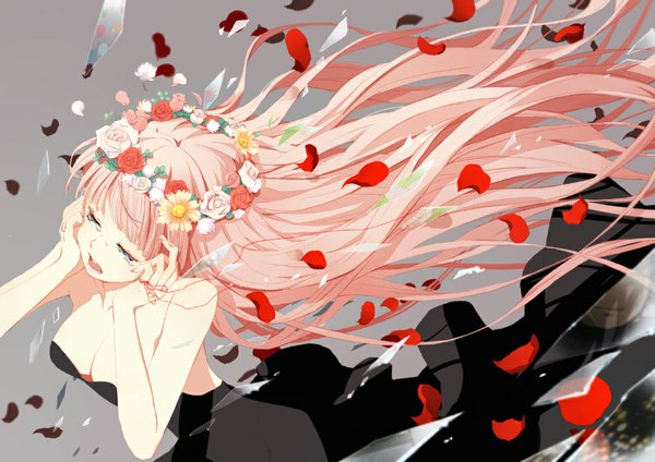 Anime picture 1000x707 with vocaloid just be friends (vocaloid) megurine luka gin (oyoyo) single long hair breasts open mouth blue eyes light erotic simple background bare shoulders pink hair grey background tears crying girl dress petals black dress