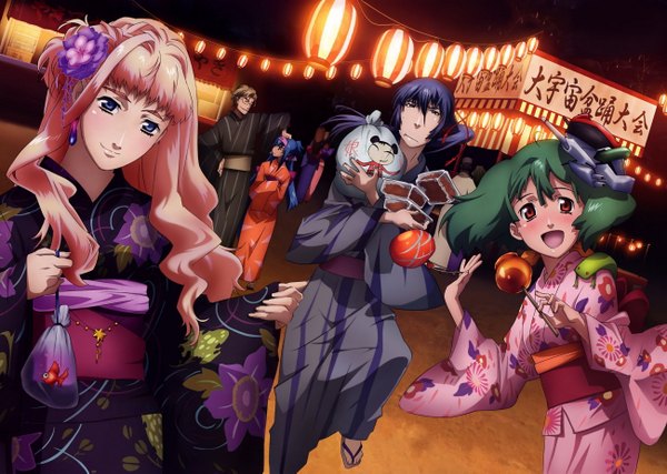 Anime picture 5200x3706 with macross macross frontier sheryl nome ranka lee saotome alto klan klang mikhail buran highres japanese clothes yukata water yoyo