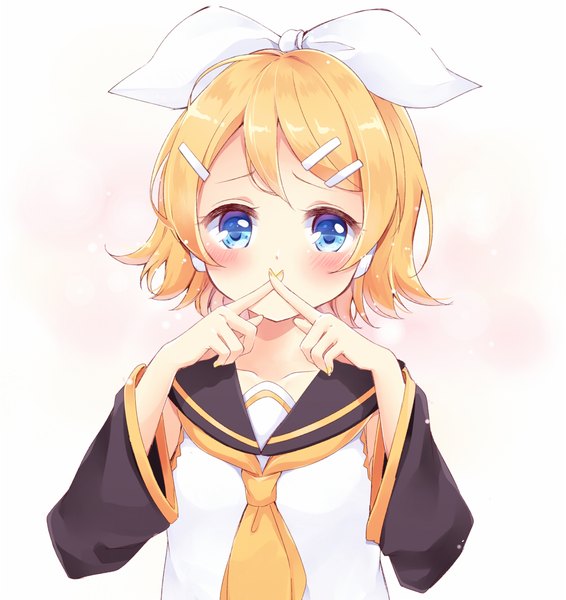 Anime picture 1000x1059 with vocaloid kagamine rin hazuki natsu single tall image looking at viewer short hair blue eyes blonde hair simple background upper body nail polish finger to mouth covered mouth yellow nail polish x fingers girl bow hair bow detached sleeves