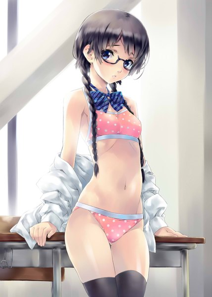 Anime picture 1428x2000 with original nagayori single long hair tall image looking at viewer blue eyes light erotic black hair braid (braids) open clothes open shirt underwear only girl thighhighs navel underwear panties black thighhighs shirt