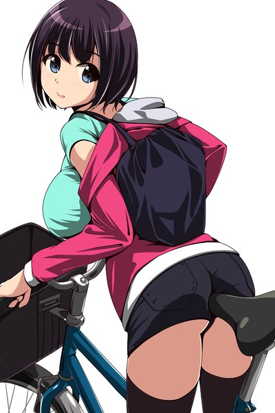 Anime picture 800x1200 with original matsunaga kouyou single tall image looking at viewer short hair open mouth blue eyes black hair simple background white background girl shorts short shorts ground vehicle bicycle