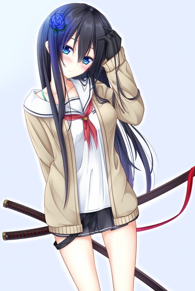 Anime picture 1000x1492 with original yoye (pastel white) single long hair tall image looking at viewer blush fringe blue eyes black hair simple background hair between eyes hair flower hand on head girl skirt gloves uniform flower (flowers) weapon