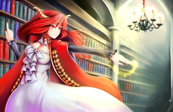 Anime picture 2400x1560 with maoyuu maou yuusha arms corporation maou (maoyuu) seisetu long hair highres red eyes red hair horn (horns) demon girl girl dress book (books) candle (candles)