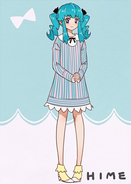 Anime picture 570x800 with precure happinesscharge precure! toei animation shirayuki hime kagami chihiro single long hair tall image blush fringe blue eyes smile standing payot looking away aqua hair alternate costume character names aqua background girl