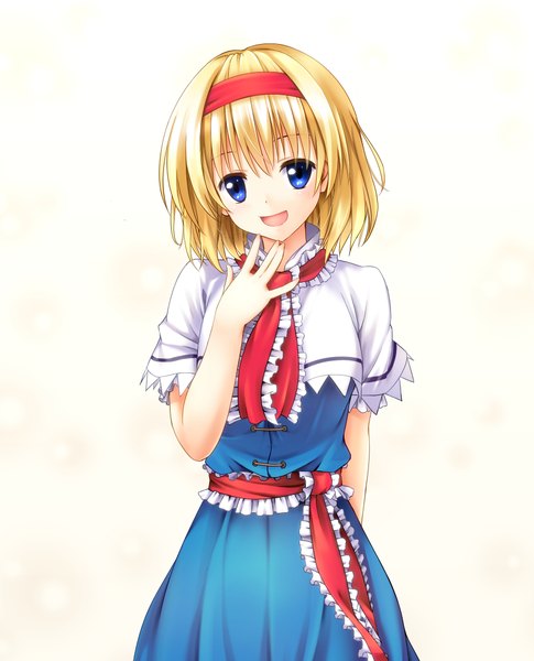 Anime picture 850x1050 with touhou alice margatroid 40cabbage single tall image looking at viewer short hair open mouth blue eyes simple background blonde hair girl dress hairband