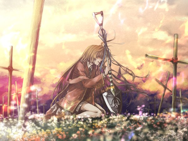 Anime picture 3600x2700 with kamisama no inai nichiyoubi ai astin mmmmmmmmm single long hair blush highres open mouth blonde hair sitting absurdres sky cloud (clouds) eyes closed wind tears crying girl skirt flower (flowers)