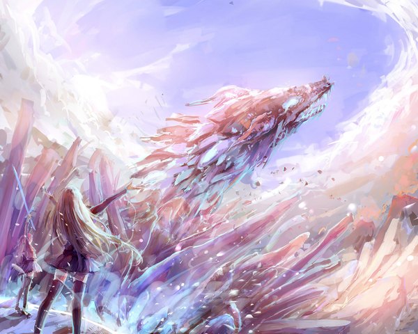 Anime picture 1600x1280 with original pixiv fantasia sishenfan long hair standing twintails multiple girls pink hair sky cloud (clouds) pleated skirt wind grey hair from behind arms up zettai ryouiki spread arms girl thighhighs skirt